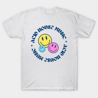 ACID HOUSE  - Circular Font With 3 Smileys (navy/pink/blue) T-Shirt